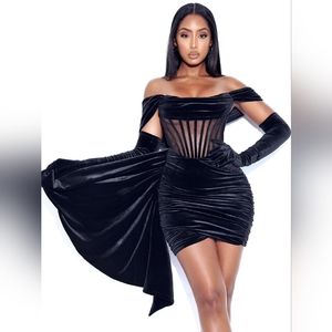 Irisa Black Draping Off Shoulder Corset Dress